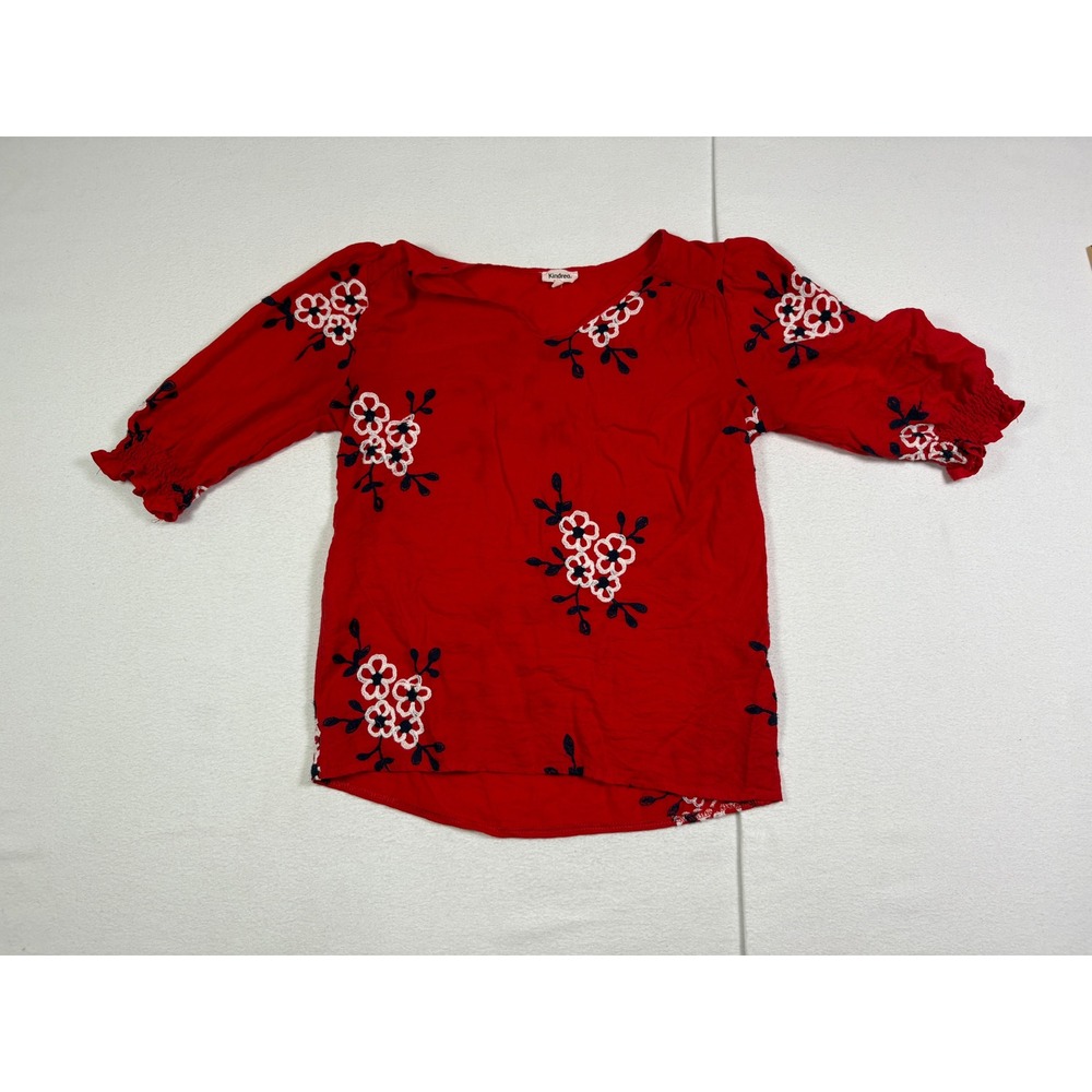 Kindred Womens Red Floral Embroidered V-Neck 3/4 Sleeve Peasant Top Size Medium